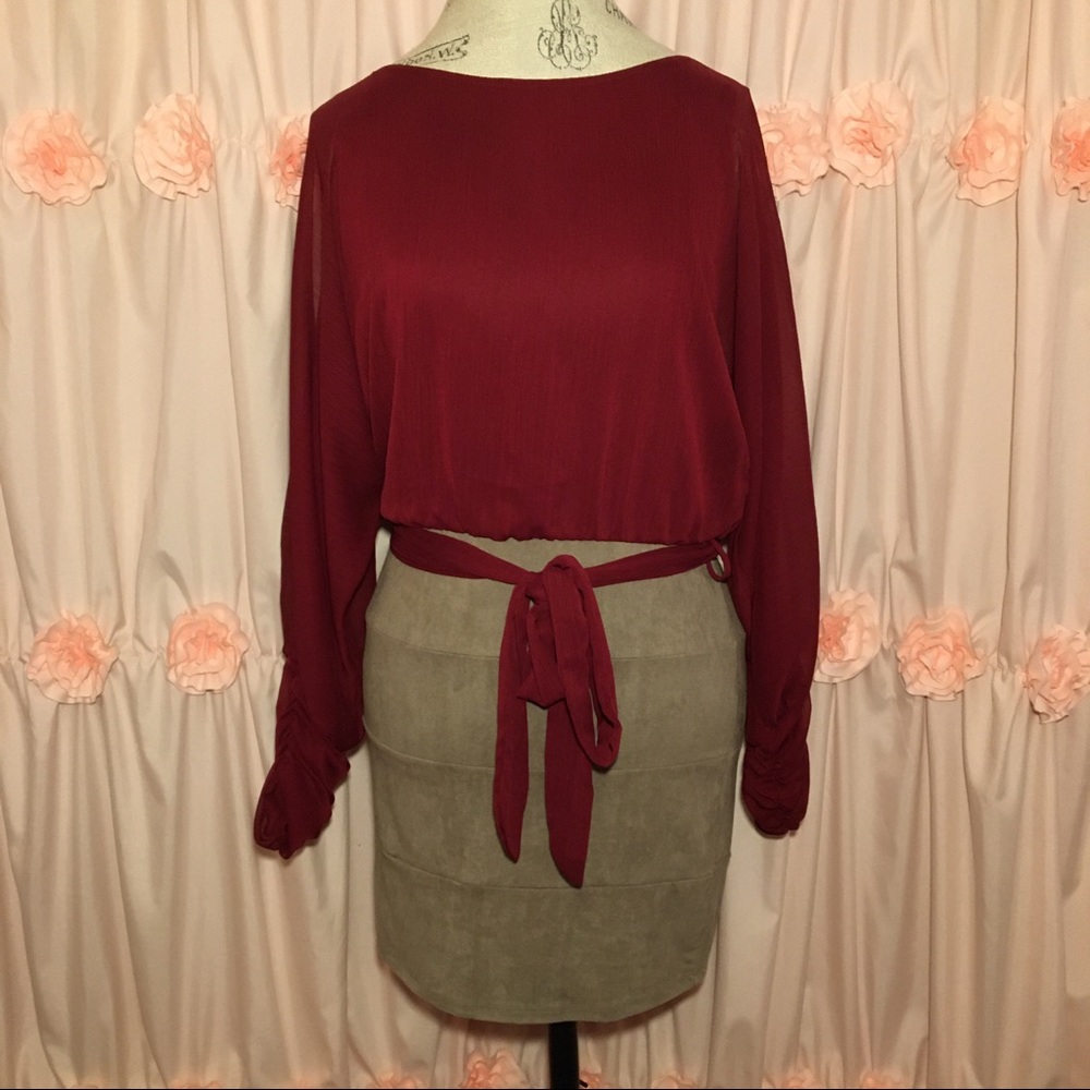 Burgundy Sheer Tan Suede Long Sleeve Dress - Picture 3 of 9